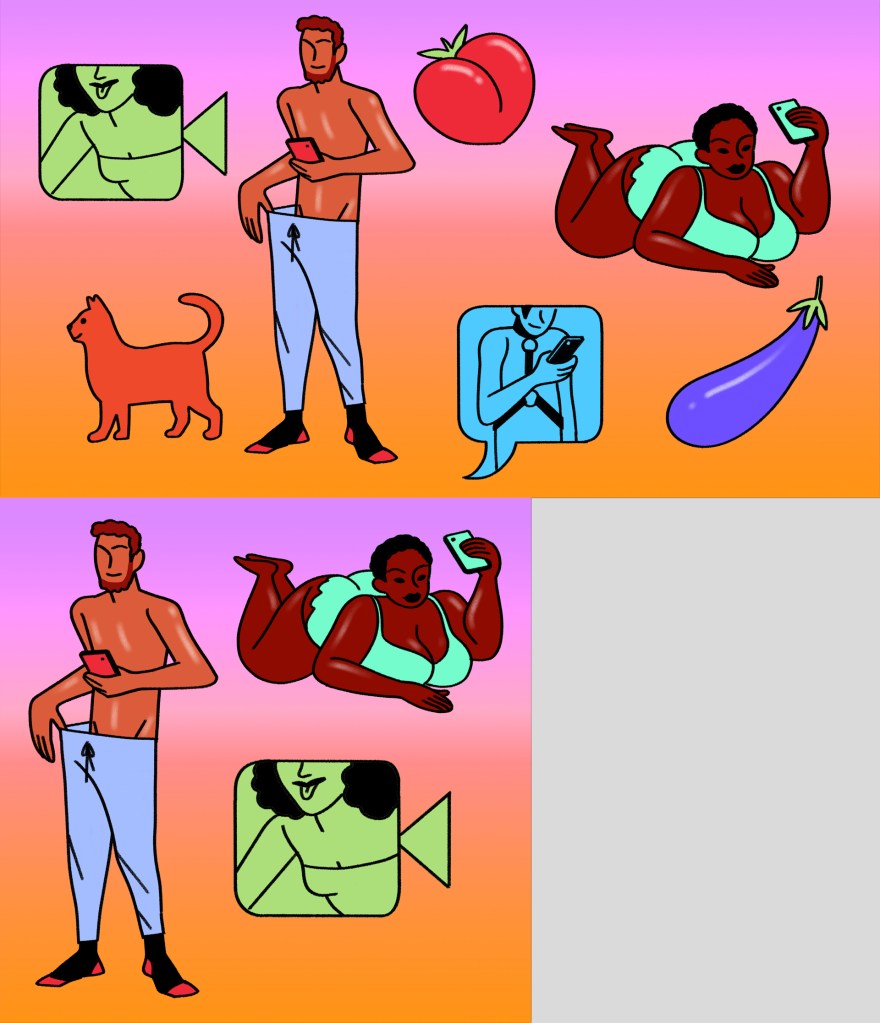 A Guide to Socially Distant Polyamory: Illustration of three people sexting and video chatting