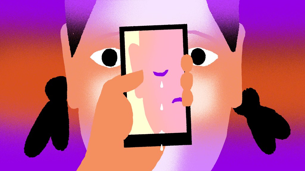 Illustration of person holding up phone with person's crying face on the screen, in front of the person's actual face