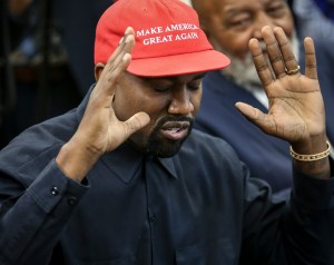 Kanye West speaks during a meeting with U.S. President Donald Trump in the Oval office of the White House on October 11, 2018 in Washington, DC.