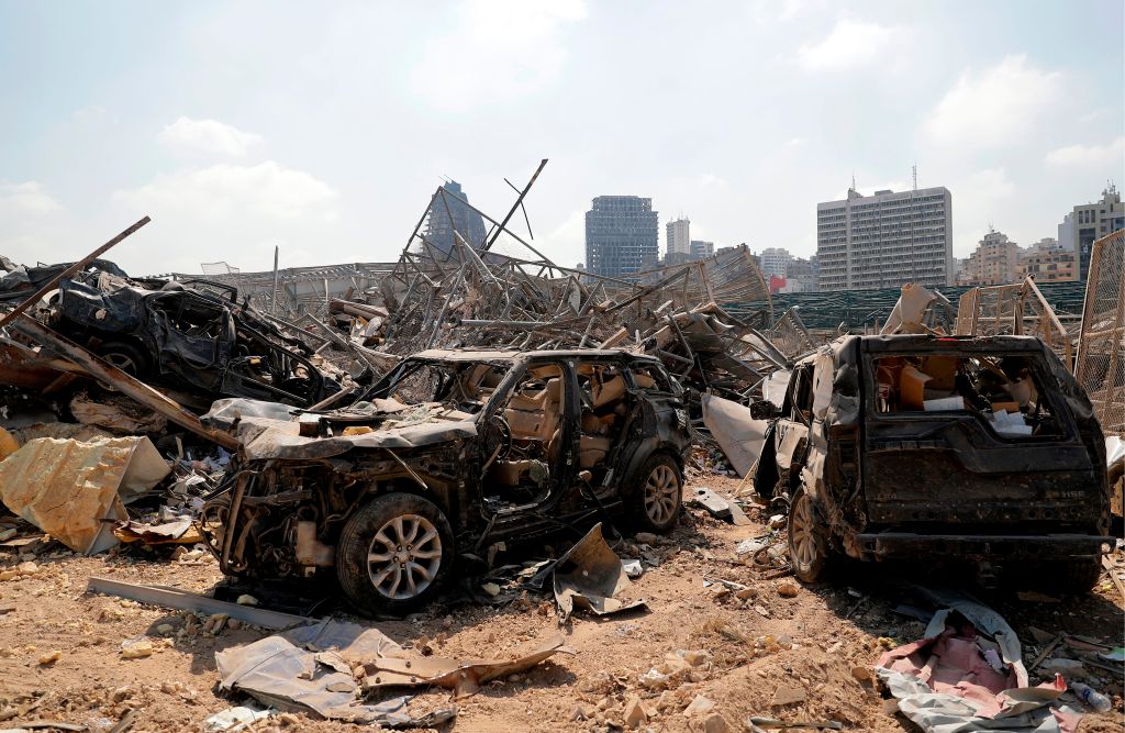 Wreckage of vehicles at the port of Beirut