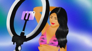 Illustration of a woman with black hair wearing a pink bikini with a tribal design posing in front of a phone and ring light, with a blue and green gradient background