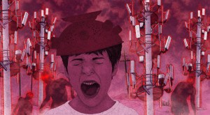 Illustration of a child screaming with a head gear on, surrounded by mobile phone towers with faceless creatures lurking in the background.