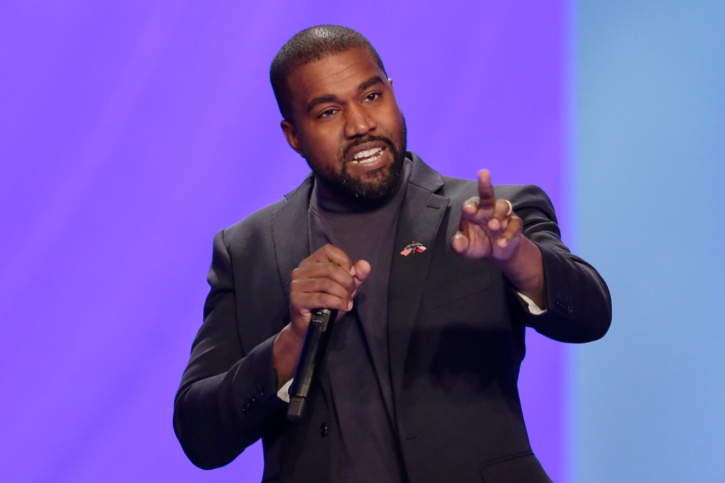 Kanye West answers questions during a service at Lakewood Church Sunday, Nov. 17, 2019, in Houston.