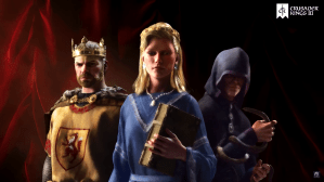 Screenshot from the launch video of Crusader Kings III, A queen wearing blue and holding a book is flanked by a king wearing yellow and a shadowy character wearing a purple hood.