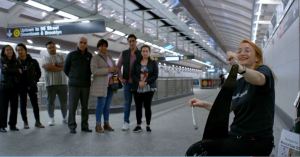 Natalia "Saw Lady" Paruz busking in the New York City subway.