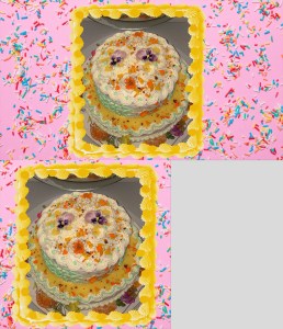 messy flower cake surrounded by pink sprinkles