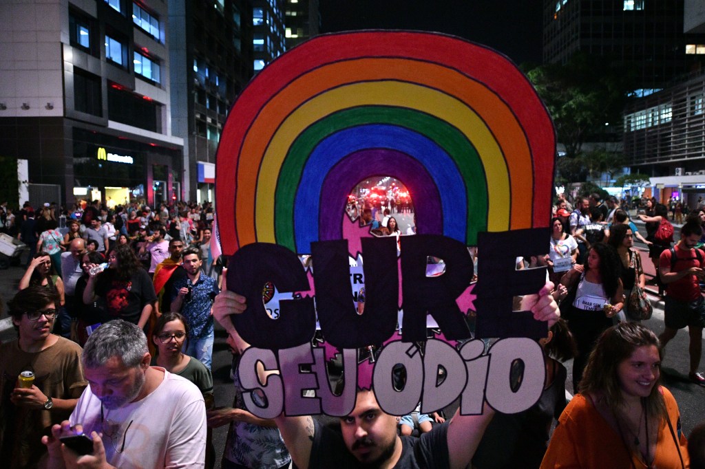 People protest against the decision of a Brazilian judge who approved gay conversion therapy in Sao Paulo, Brazil on September 22, 2017. Brazilian federal judge Waldemar de Carvalho overruled a 1999 decision by the Federal Council of Psychology that forba