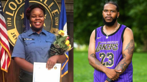 Right: Kenneth Walker, the boyfriend of Breonna Taylor attends the Bre-B-Q during the second day of BreonnaCon at Shawnee Park on August 23, 2020 in Louisville, Kentucky after the death of Breonna Taylor. (Chris Tuite/ImageSPACE/MediaPunch /IPX); Left: Br