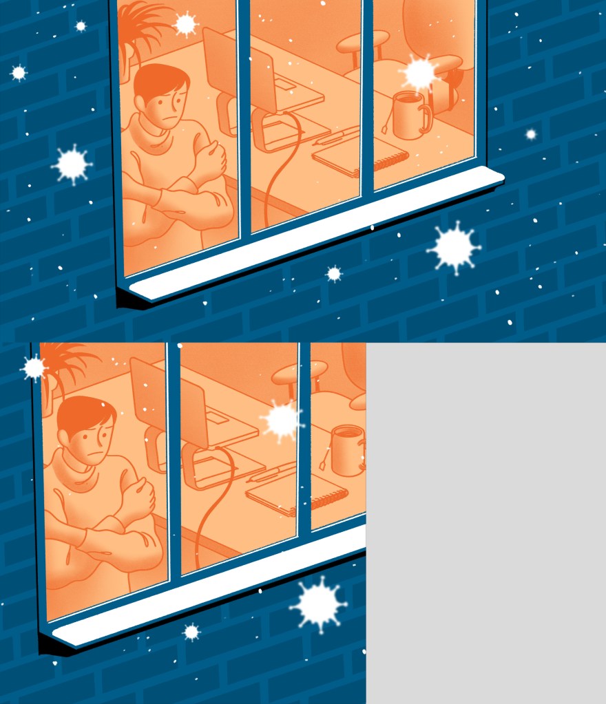 Illustration of a person indoors, looking glumly out the window, as coronavirus shaped snowflakes fall