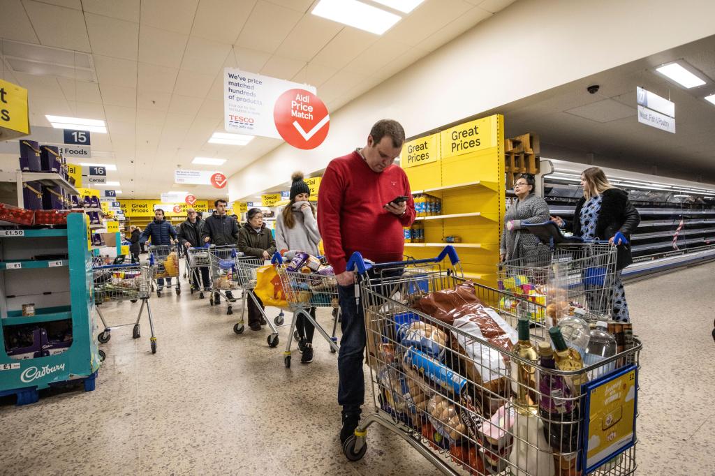 Panic shopping at a Tesco supermarket in south London ahead of the coronavirus lockdown