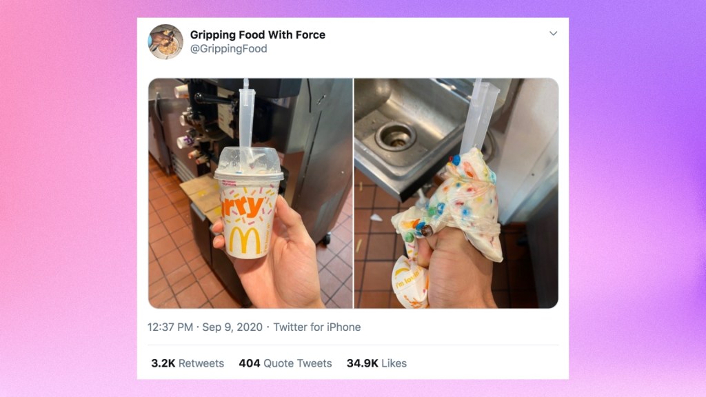 a screenshot of a tweet from "gripping food with force" showing a before and after of a mcflurry being squeeze with one hand