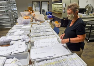 Processing applications for mail-in ballots at the Berks County Office of Election Services in the Berks County Services Building in Reading, PA on September 3, 2020.