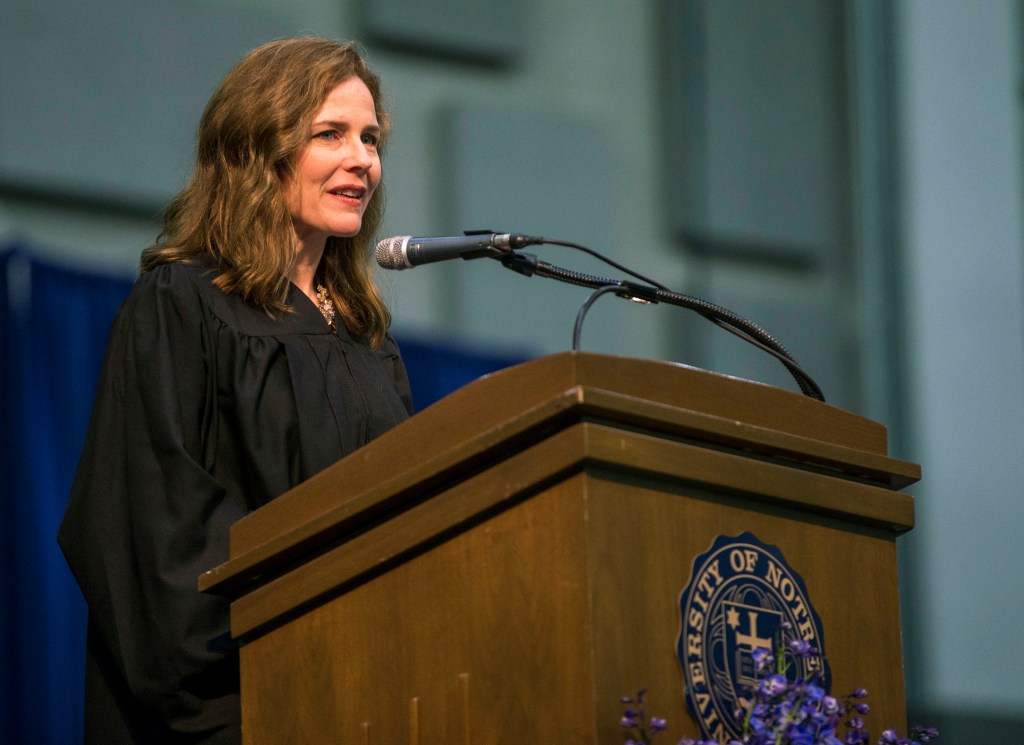 In this May 19, 2018 file photo, Amy Coney Barrett, United States Court of Appeals for the Seventh Circuit judge, speaks during the University of Notre Dame's Law School commencement ceremony at the University of Notre Dame in South Bend, Indiana. (Robert