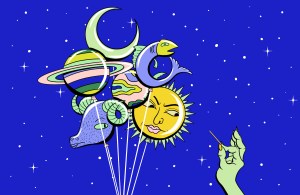 Ilustrasi balon zodiak, moon sign, star sign dan tangan memegang peniti