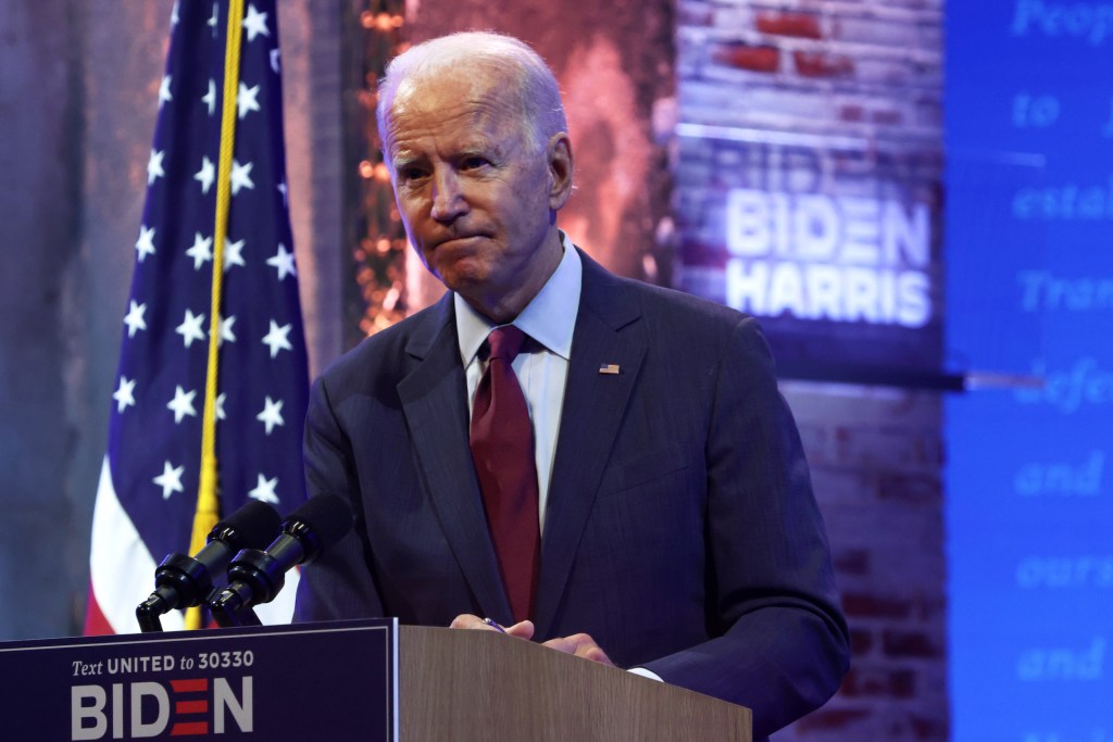 Democratic presidential nominee Joe Biden speaks during a campaign event on September 27, 2020 in Wilmington, Delaware.