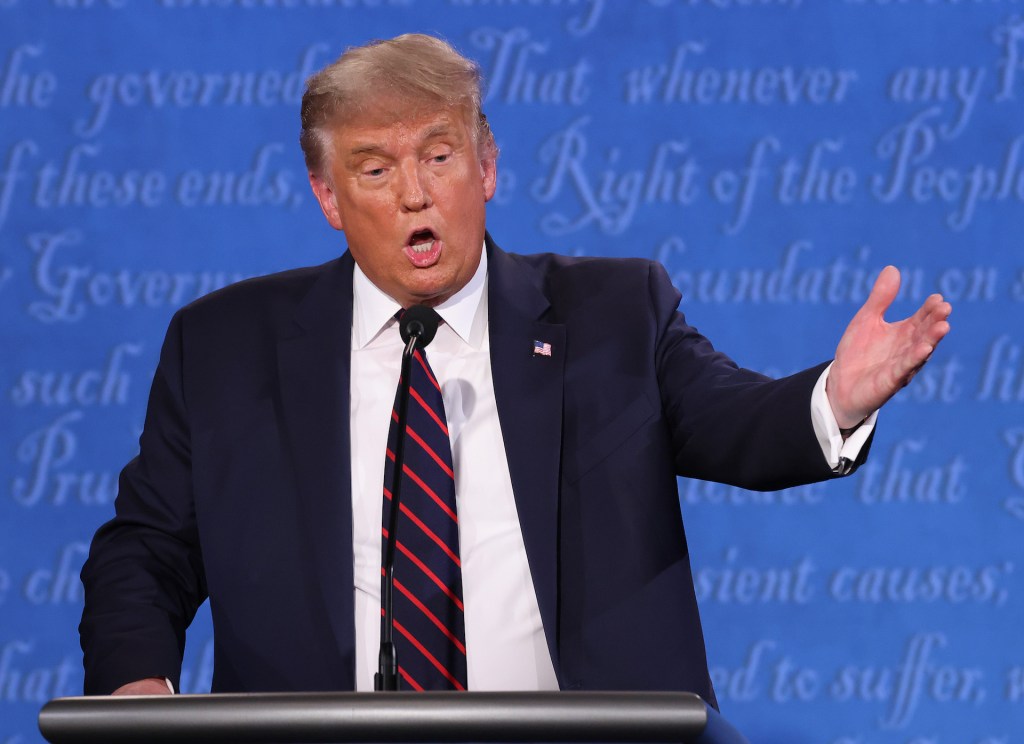 U.S. President Donald Trump participates in the first presidential debate against Democratic presidential nominee Joe Biden at the Health Education Campus of Case Western Reserve University on September 29, 2020 in Cleveland, Ohio.