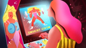 illustration of a woman inserting a coin into a lifting video game