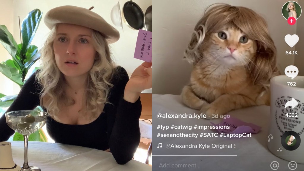 screenshots of actor alexandra kyle and cat named fred in a wig doing sex and the city impressions on tiktok