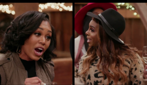 Monique Samuels and Candiace Dillard on a split screen before their big fight on Real Housewives of Potomac