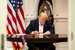 President Donald J. Trump works in the Presidential Suite at Walter Reed National Military Medical Center after testing positive for COVID-19 on October 3, 2020 in Bethesda, Maryland.