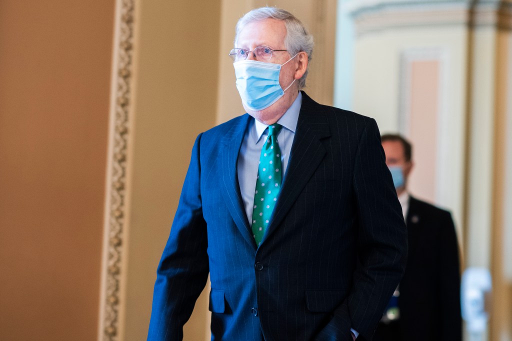 Senate Majority Leader Mitch McConnell, R-Ky., is seen in the Capitol on Wednesday, September 30, 2020. (Photo By Tom Williams/CQ Roll Call via AP Images)