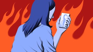 Illustration of woman looking at TikTok on phone with flames behind her: If Claudia Conway Is Your 'Political Hero,' Please Vote in Local Elections