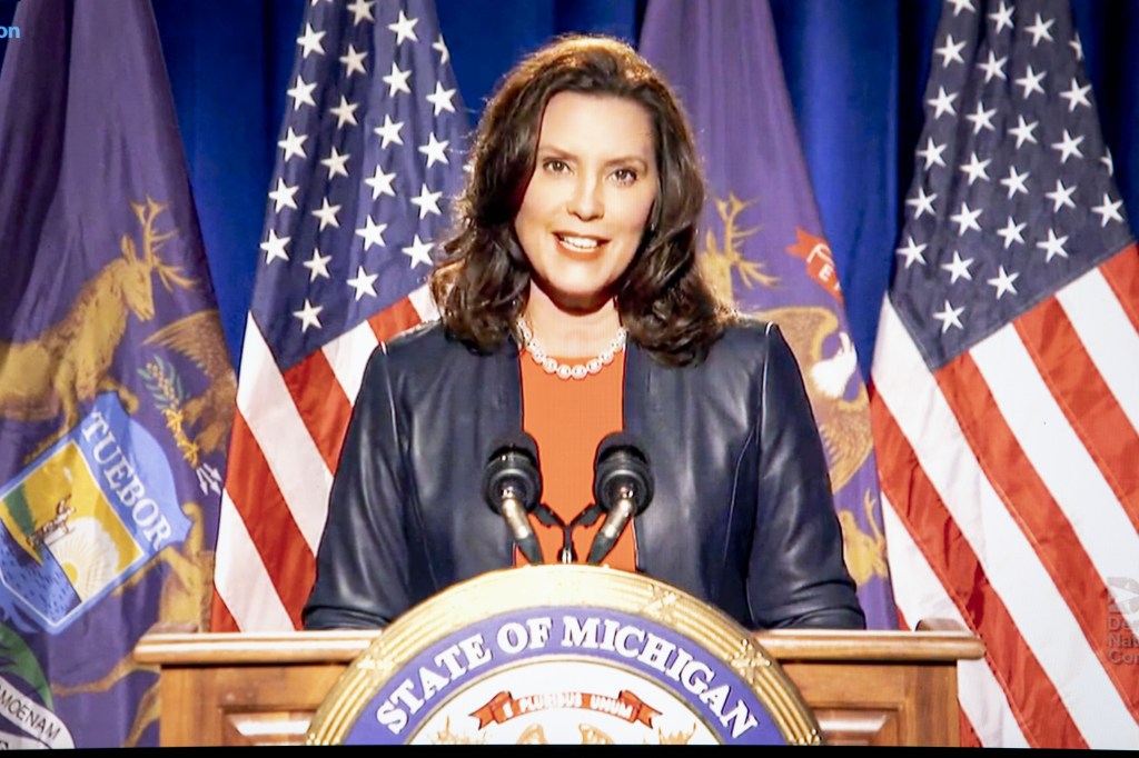 Gretchen Whitmer, governor of Michigan, speaks during the virtual Democratic National Convention seen on a laptop computer in Tiskilwa, Illinois, U.S., on Monday, Aug. 17, 2020.