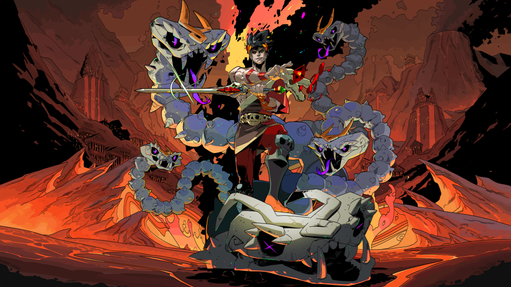 Illustration from Hades, main character Zagreus, with a red tunic, pale skin, and black hair, holds a sword in one hand while he steps on one of the heads of the bone hydra, a skeletal hydra who's other heads surround him.