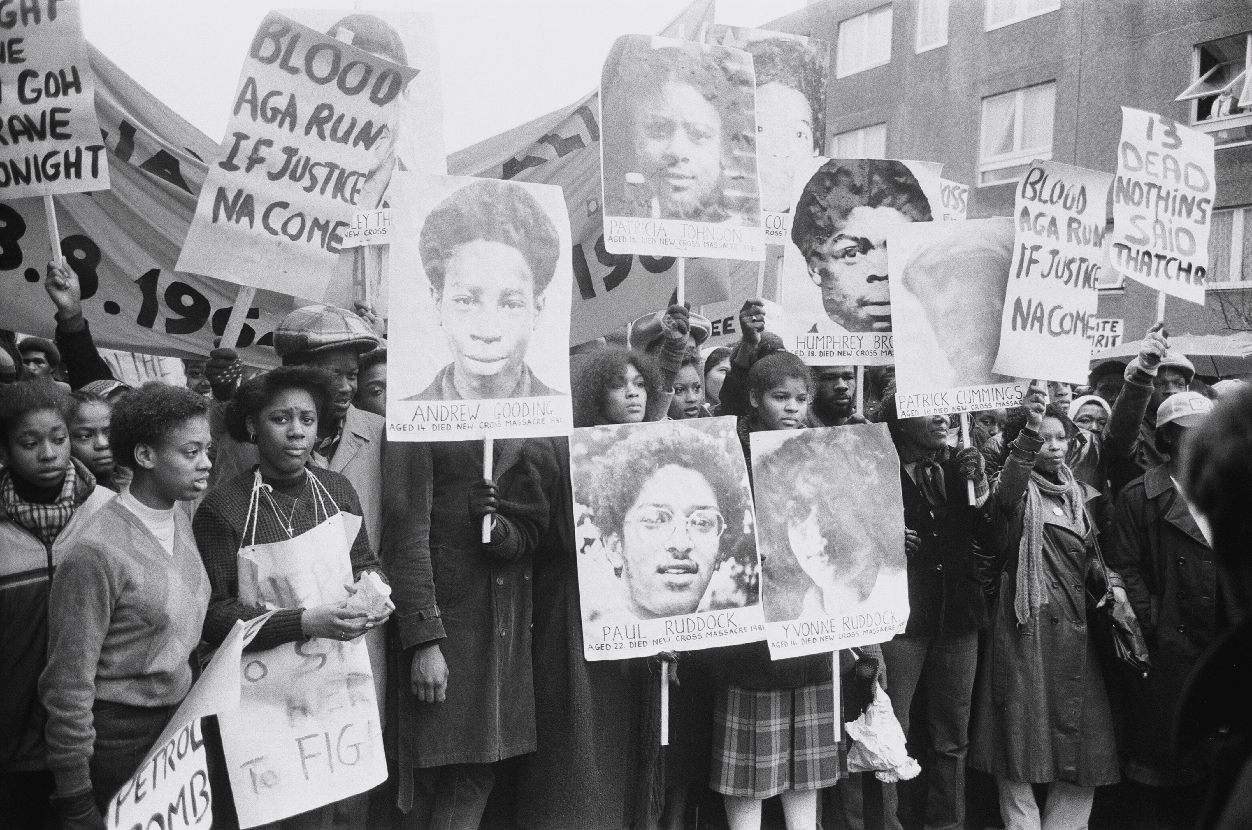 Violence broke out as thousands of angry demonstrators marched through London to protest against the police handling of the investigation into a fire in Deptford in which 13 black people died. The march to Hyde Park set out peacefully from New Cross but t