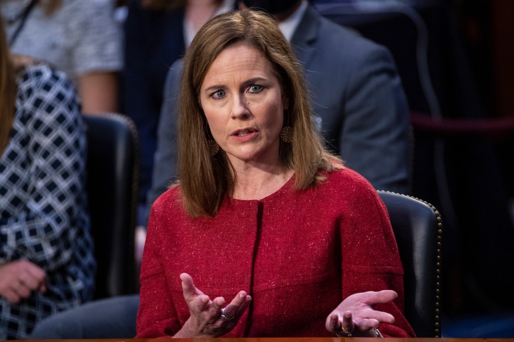 Supreme Court nominee Amy Coney Barrett speaks during a confirmation hearing before the Senate Judiciary Committee, Tuesday, Oct. 13, 2020, on Capitol Hill in Washington. (Shawn Thew/Pool via AP)