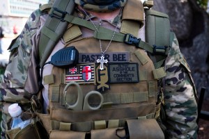 Members of local militia join second amendment advocates in a march from the capitol building to the Michigan Supreme Court building on September 17, 2020 in Lansing, Michigan.