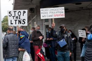 A demonstration against the imposition of Low Traffic Neighbourhood by Lewisham Council at Lewisham Library.