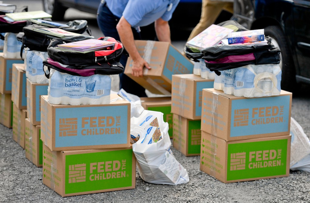 Boxes of supplies to be distributed at the Hope Rescue Mission in Reading, PA Thursday morning August 27, 2020.