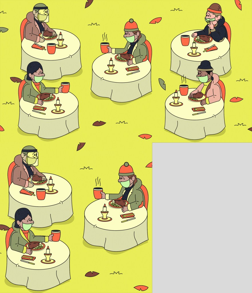 People at individual round tables outside in the fall, wearing coats and masks, drinking hot drinks and eating Thanksgiving dinner distanced from each other