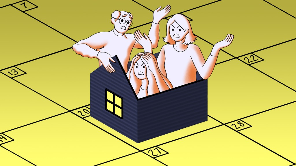 Illustration of a man, woman, and adult daughter crammed in a house and looking angry, on top of a December calendar