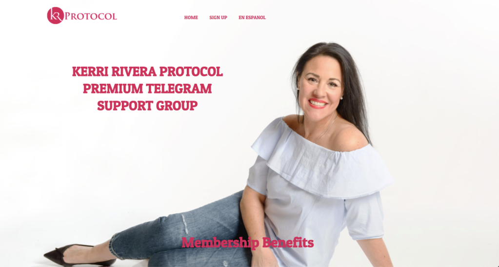 An image of Kerri Rivera in a white shirt next to pink lettering that reads "Kerri Rivera Protocol Premium Telegram Support Group."