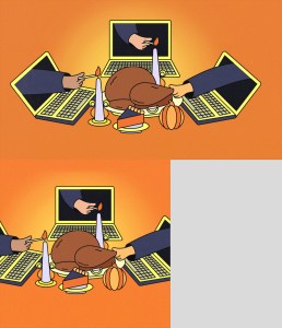 laptops around a table with candles, turkey, and a slice of pie; a hand reaches out from each laptop toward the centerpiece