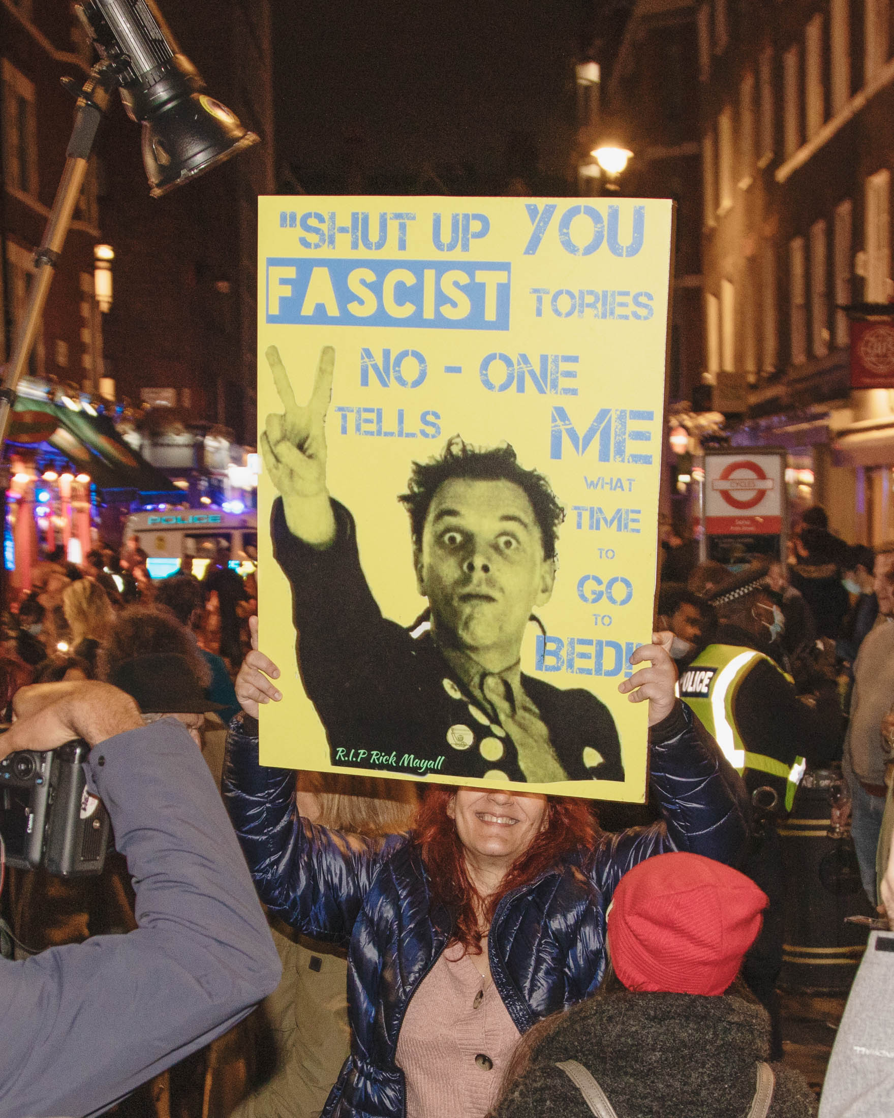 Anti-lockdown sign in Soho in London one the last night before new Tier 2 lockdown measures