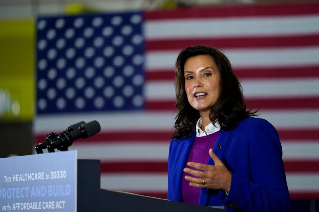 Michigan Governor Gretchen Whitmer speaks at Beech Woods Recreation Center, in Southfield, Mich., Friday, Oct. 16, 2020. (AP Photo/Carolyn Kaster)