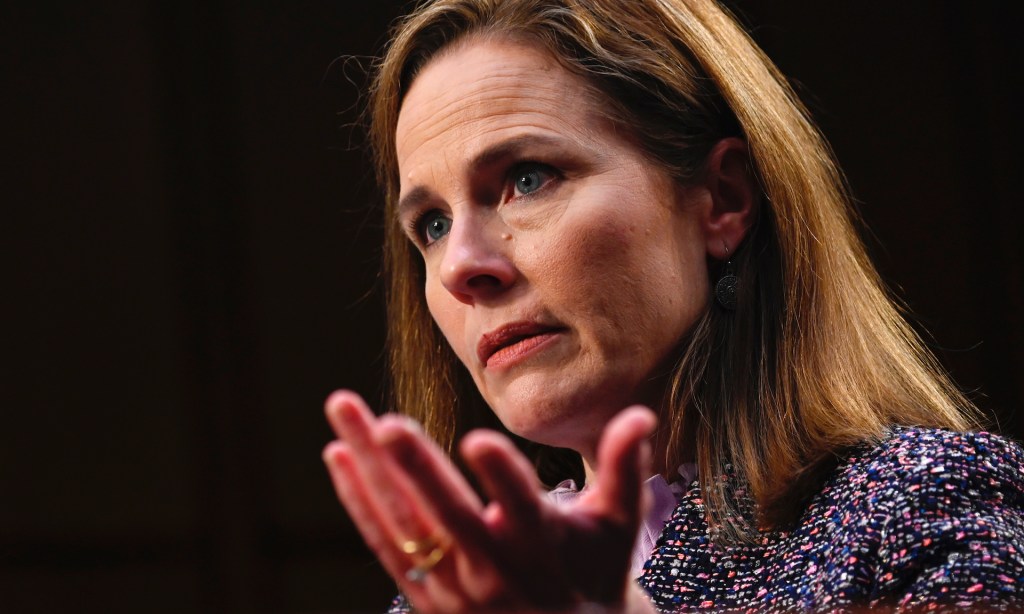 Supreme Court nominee Amy Coney Barrett testifies during the third day of her confirmation hearings before the Senate Judiciary Committee on Capitol Hill in Washington, Wednesday, Oct. 14, 2020.(Andrew Caballero-Reynolds/Pool via AP)