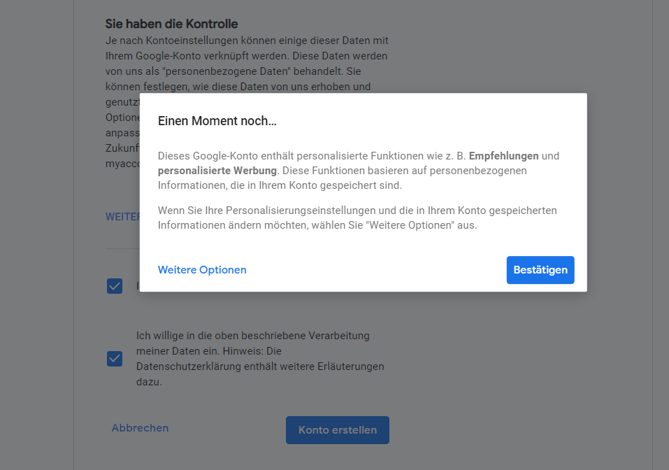 Screenshot: Google möchte personenbezogene Informationen, die im Konto gespeichert sind