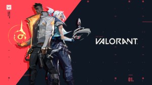 Key art for Valorant, Phoenix, a black man wearing a white jacket with a glowing orange interior, stands back-to-back with Jett, a Korean woman with white hair and blue crop-top hoodie. They each have their right hand out, Pheonix with a glowing ball of f