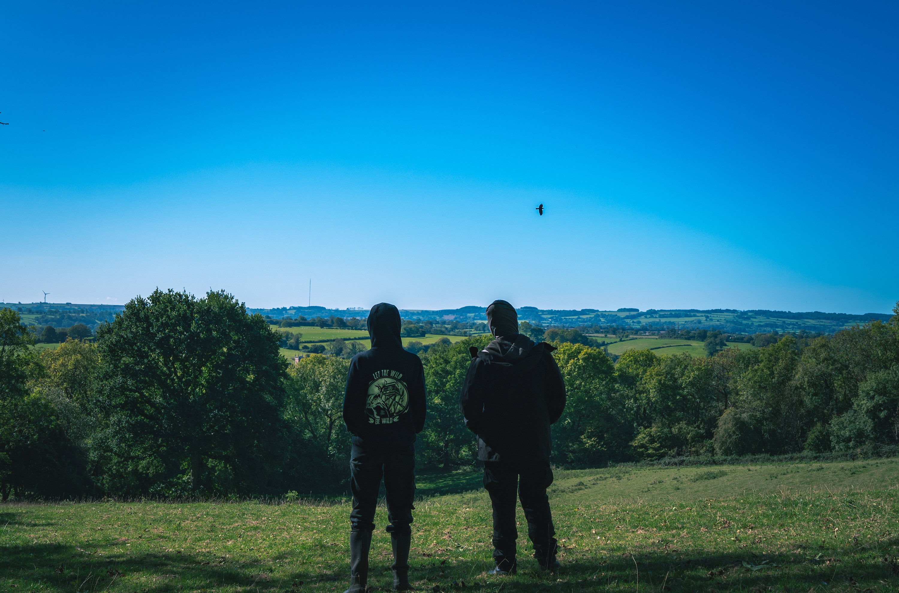 Two members of UBS survey a field for badger traps.