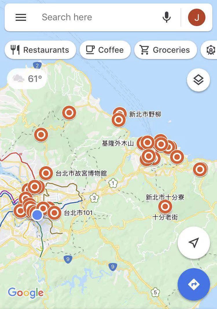 A screenshot of the Taipei map showing where potentially infected passengers from the Diamond Princess cruise ship had visited.