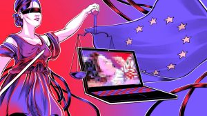 Justitia, ein Laptop und eine EU-Flagge