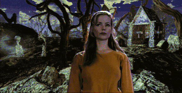 A lurid screenshot depicting a blonde woman against a pixelated backdrop of a stylized graveyard.