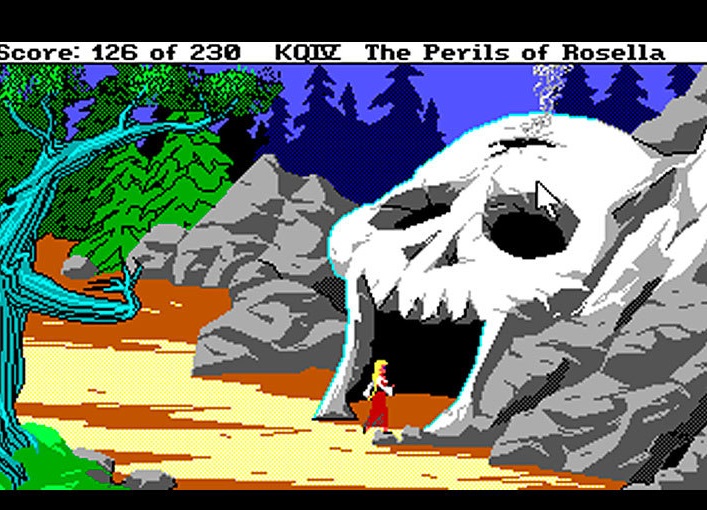 A blonde woman walks into a cave mouth shaped like a giant skull in old fashioned pixel art.