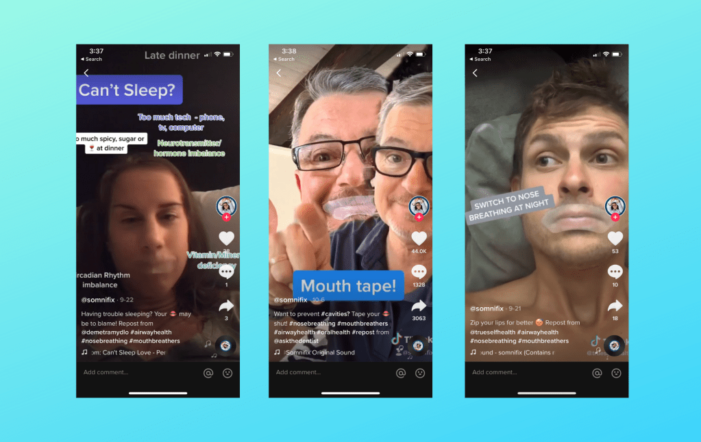 Screenshots from the TikTok account of SomniFix, an adhesive sleep aid.