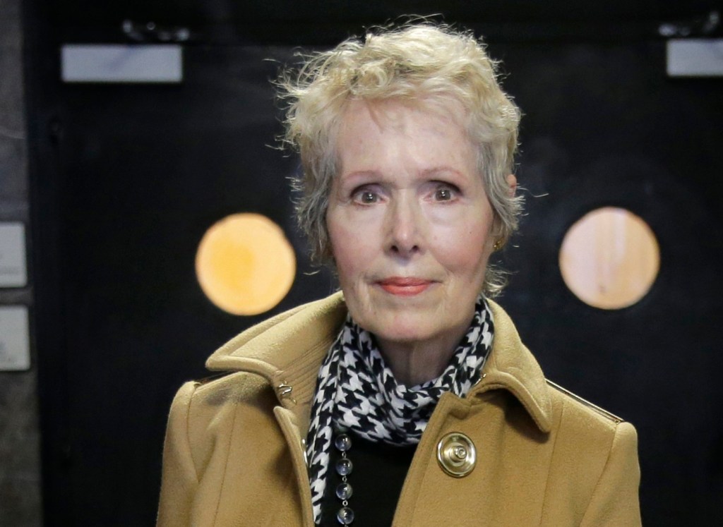 E. Jean Carroll, right, talks to reporters outside a courthouse in New York, Wednesday, March 4, 2020 (AP Photo/Seth Wenig)