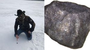 ​Robert Ward poses with a fragment on Strawberry Lake (left). A close-up of the fragment (right). Image: Robert Ward/Field Museum